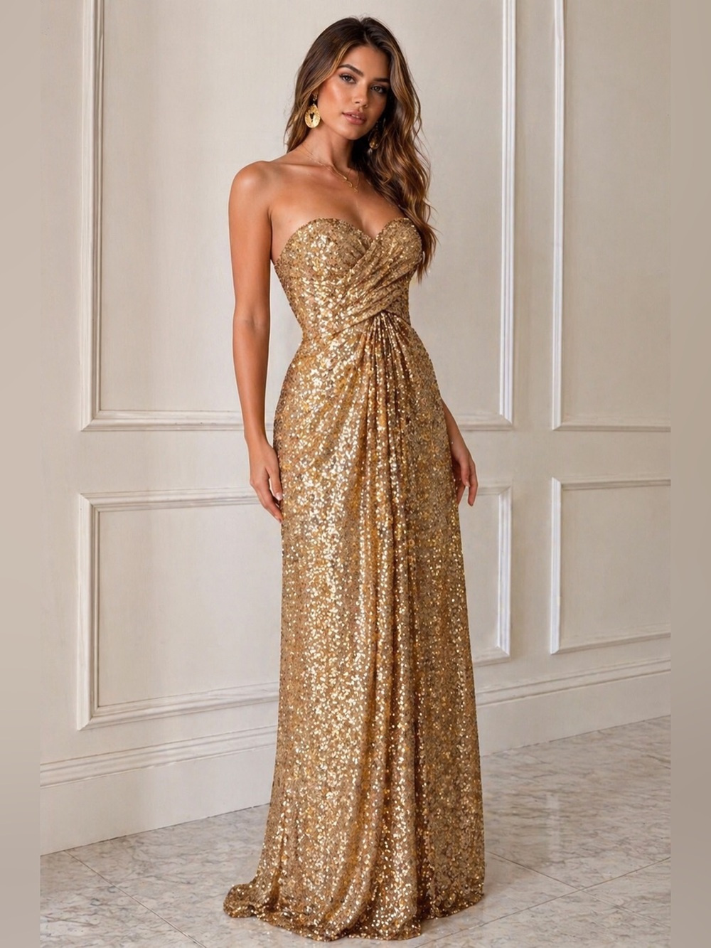 La Femme Gold Sequin Strapless Draped Gown